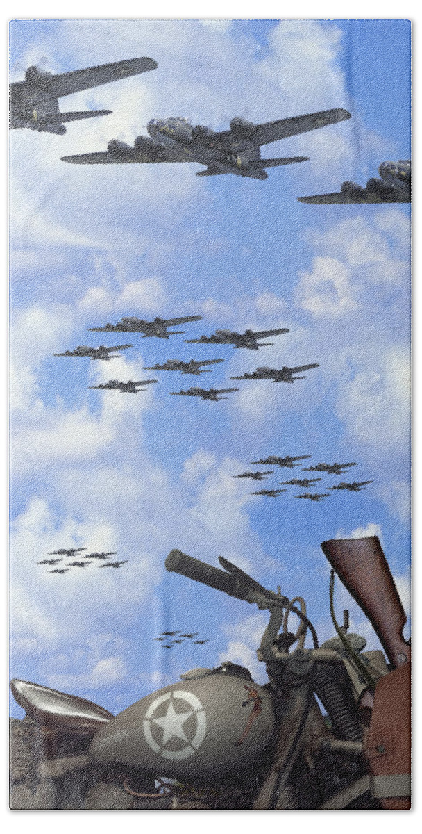 Ww2 Hand Towel featuring the photograph Indian 841 and the B-17 Panoramic by Mike McGlothlen