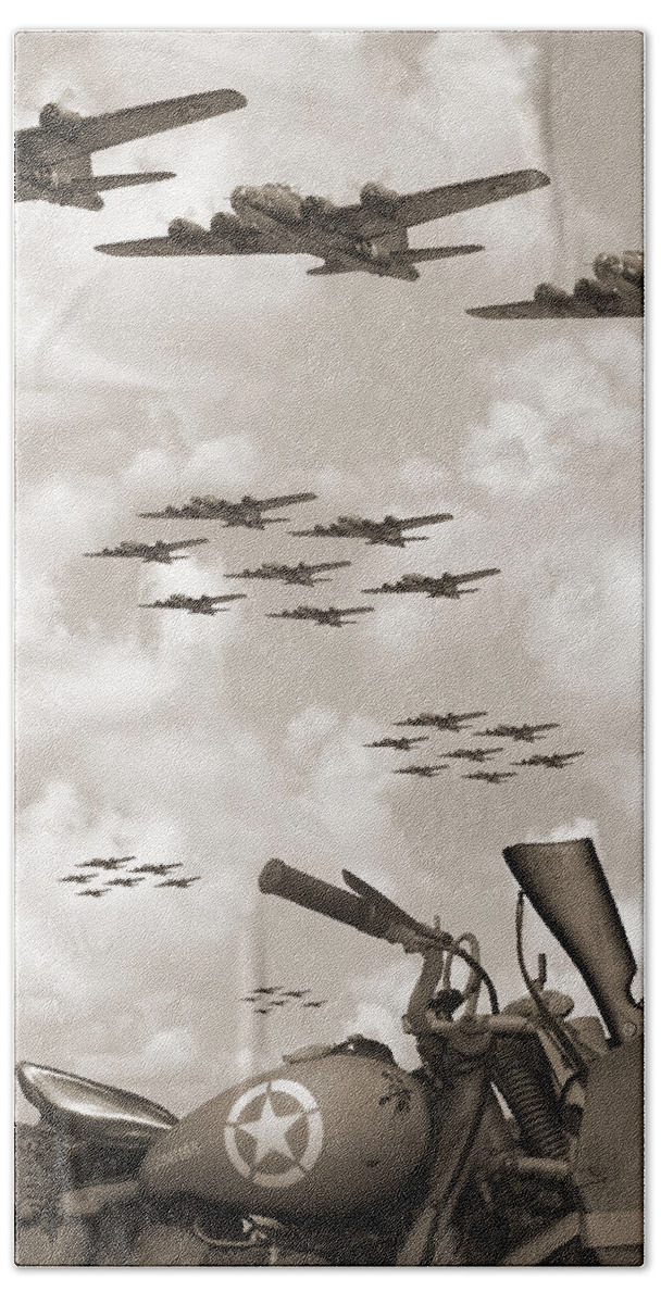 Ww2 Hand Towel featuring the photograph Indian 841 And The B-17 Panoramic Sepia by Mike McGlothlen