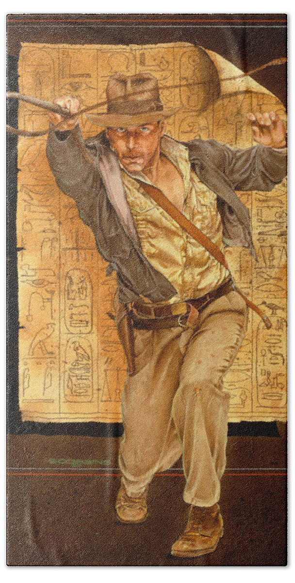 Indiana Jones Hand Towel featuring the painting Indiana Jones by Timothy Scoggins