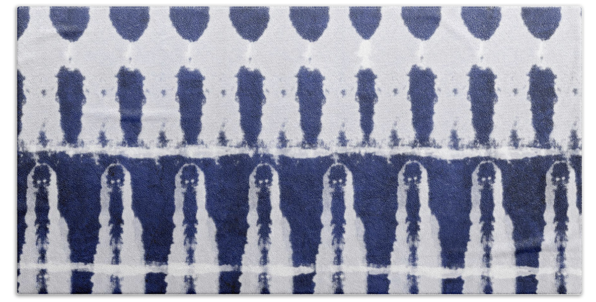 Blue Bath Towel featuring the painting Indigo and White Shibori Design by Linda Woods
