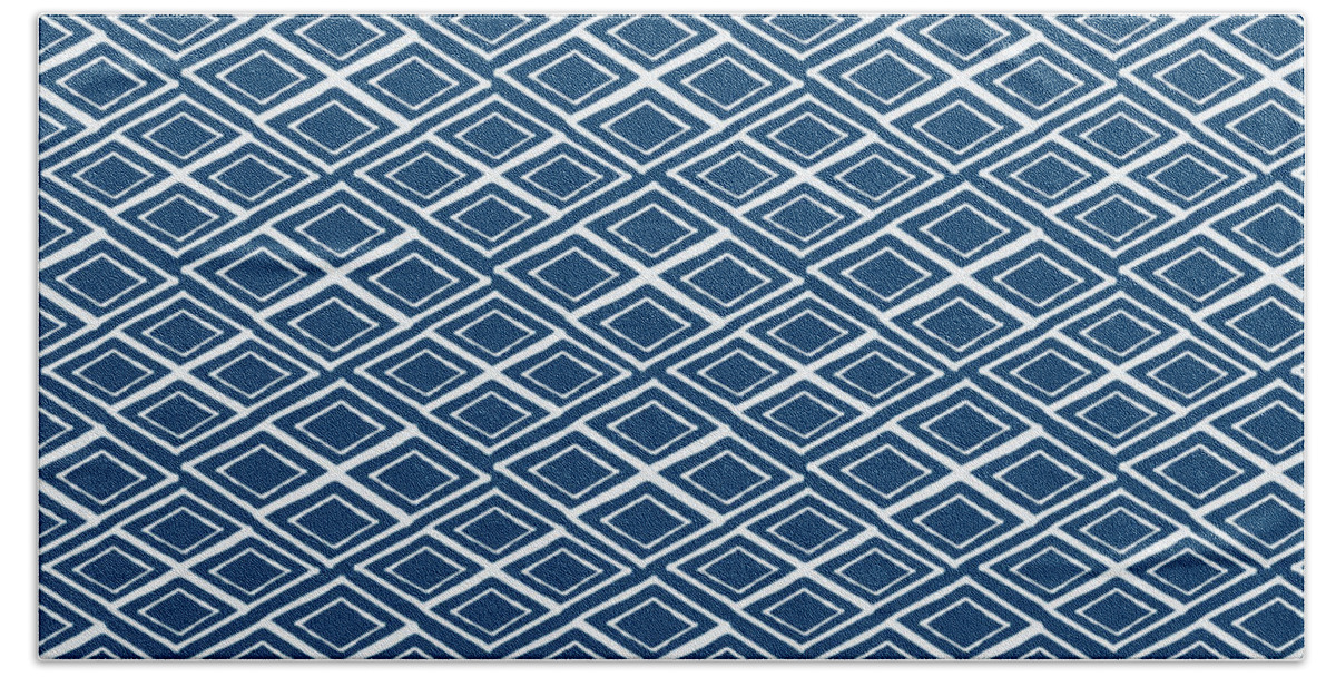 Indigo And White Bath Sheet featuring the painting Indigo and White Small Diamonds- Pattern by Linda Woods