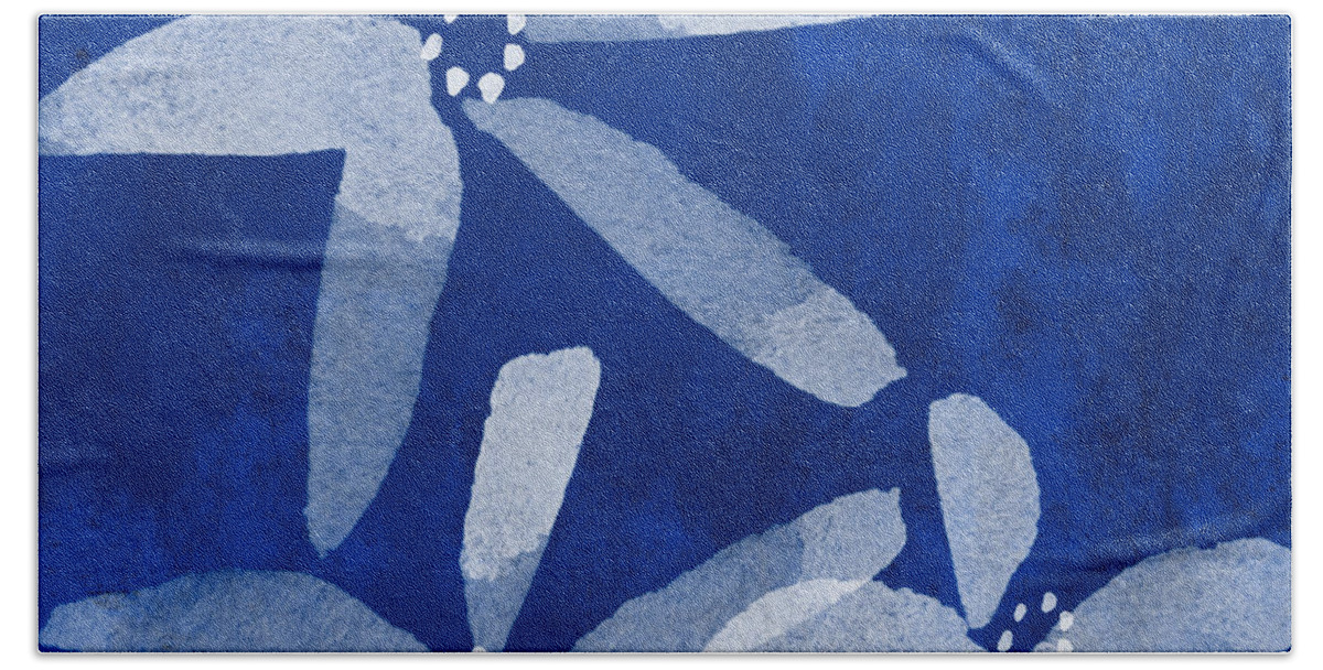 Abstract Bath Towel featuring the painting Indigo Flowers by Linda Woods