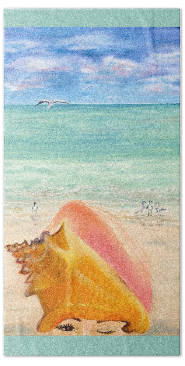 Key West Bath Towel featuring the painting Inside the Head of a Conch Woman by Linda Cabrera