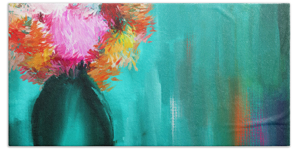 Turquoise Vase Hand Towel featuring the painting Intense Eloquence by Lourry Legarde