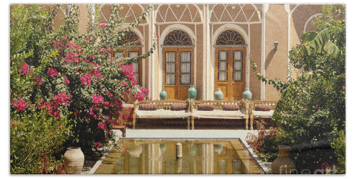 Yazd Bath Towel featuring the photograph Interior Garden With Pond In Yazd Iran by JM Travel Photography