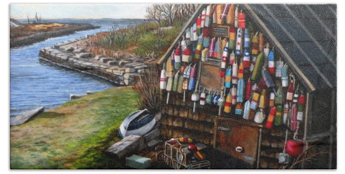 Ipswich Bay Hand Towel featuring the painting Ipswich Bay Wooden Buoys by Eileen Patten Oliver