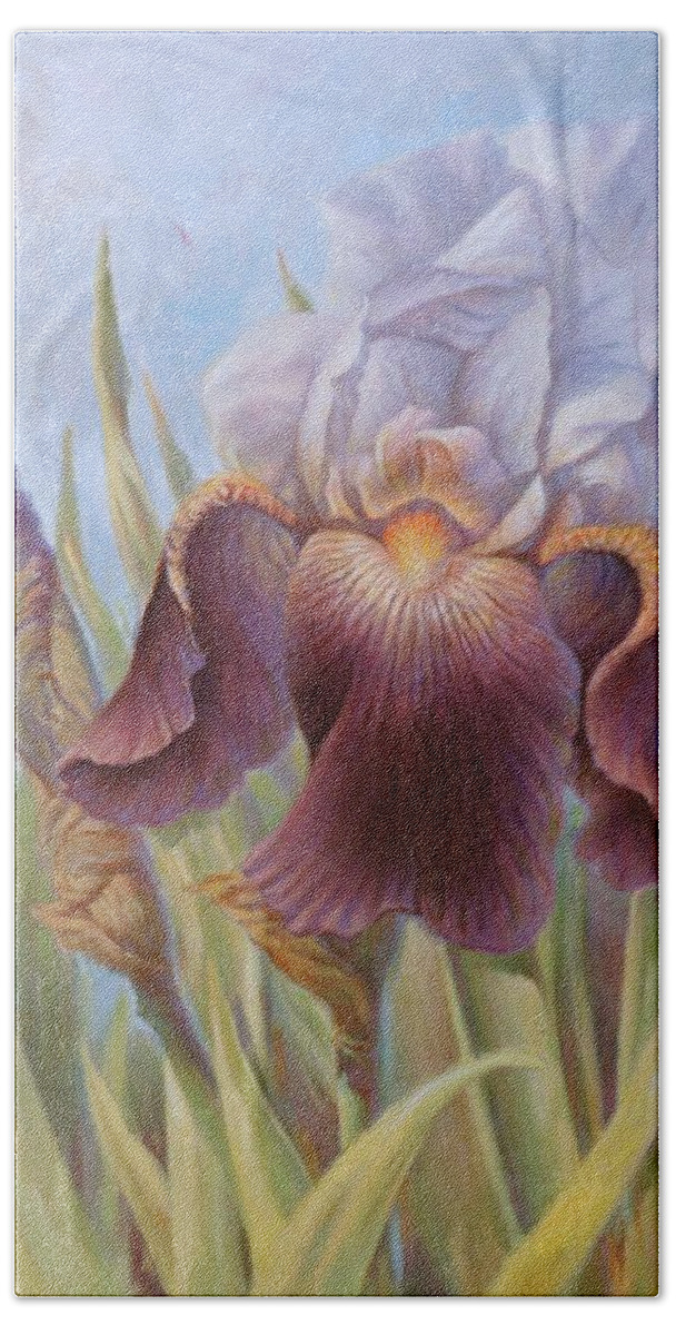 Iris Flower Hand Towel featuring the painting Iris 1 by Hans Droog