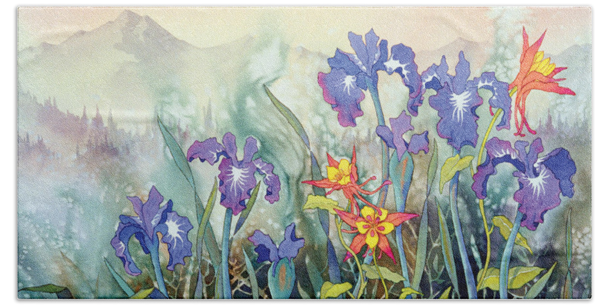Iris And Columbine Ii Hand Towel featuring the painting Iris and Columbine II by Teresa Ascone