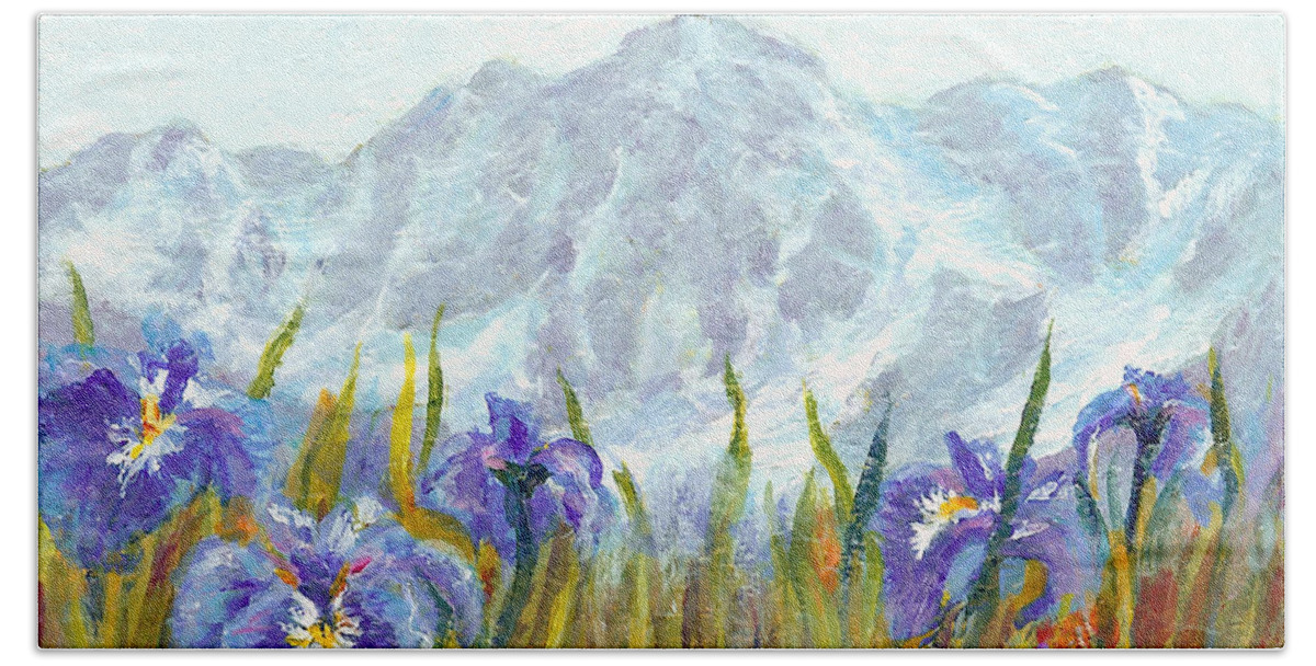 Iris Bath Towel featuring the painting Iris Field in Alaska by Karen Mattson