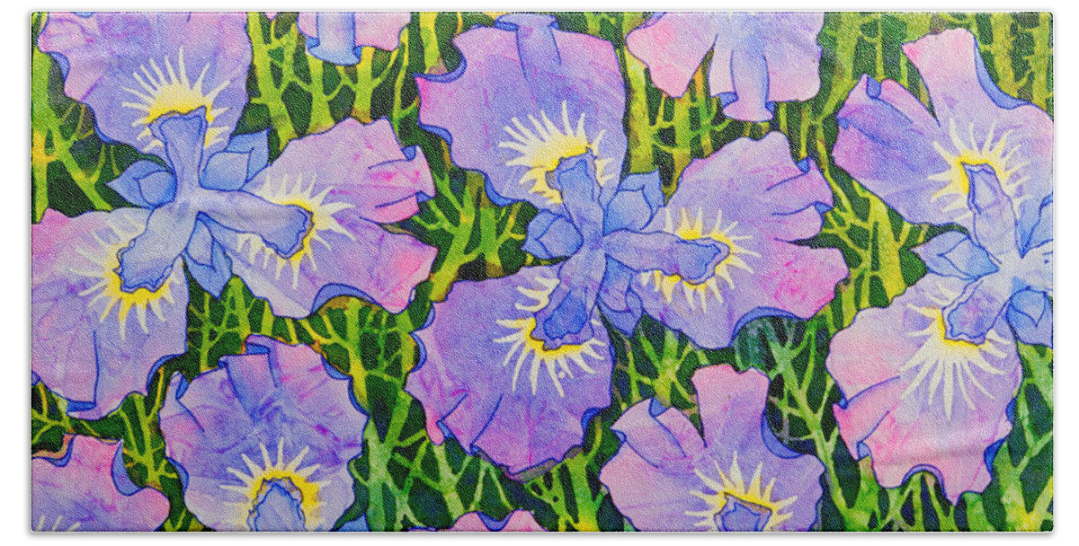 Iris Patterns Bath Towel featuring the painting Iris Patterns by Teresa Ascone