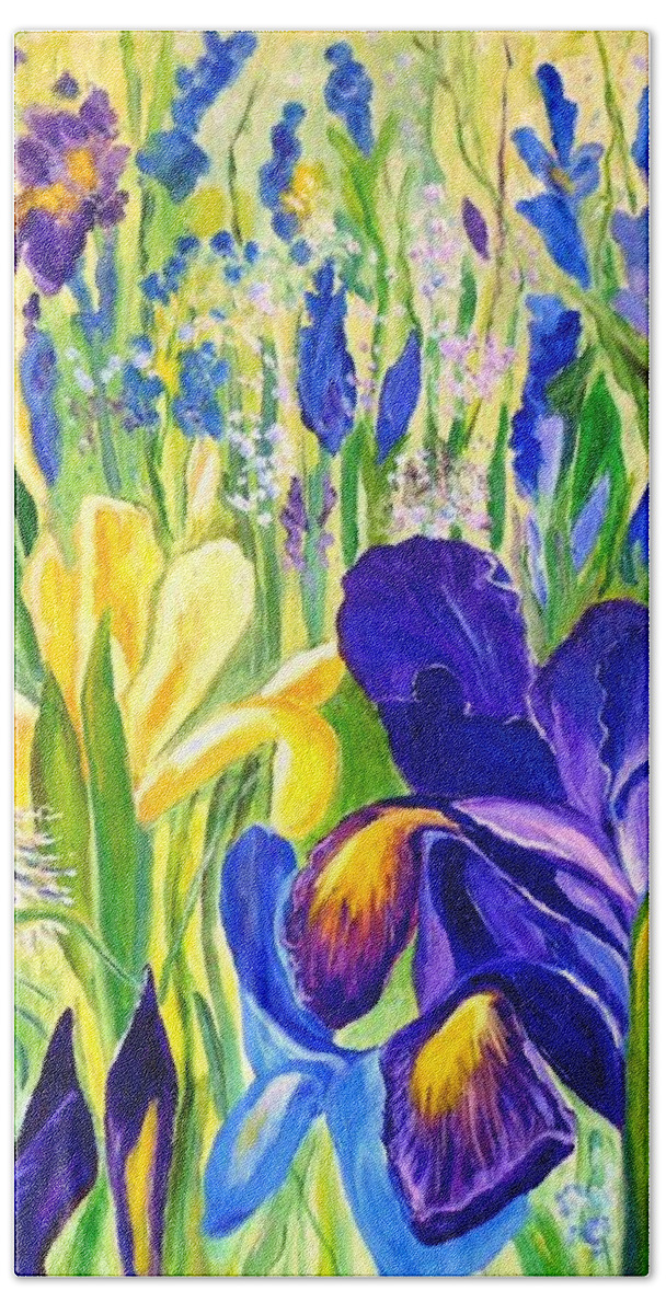 Iris Hand Towel featuring the painting Iris Spring by Julie Brugh Riffey