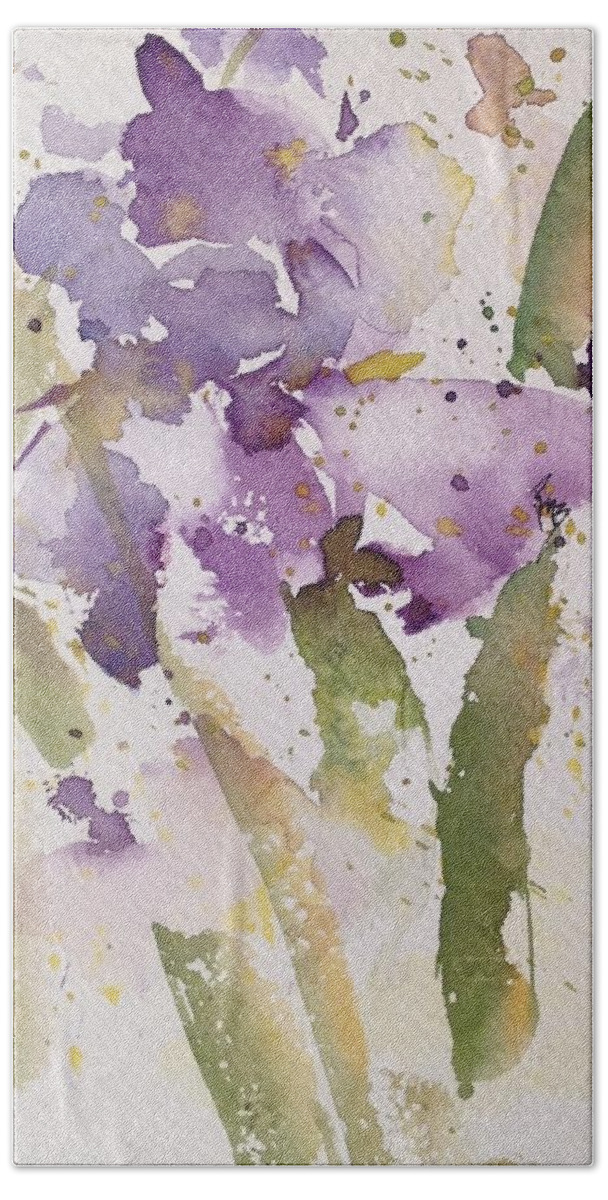 Irises Bath Towel featuring the painting Iris Study #3 by Robin Miller-Bookhout