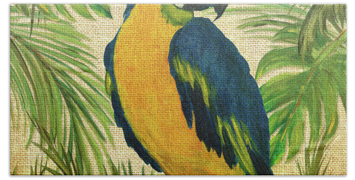 Island Hand Towel featuring the painting Island Birds Square On Burlap II by Julie Derice