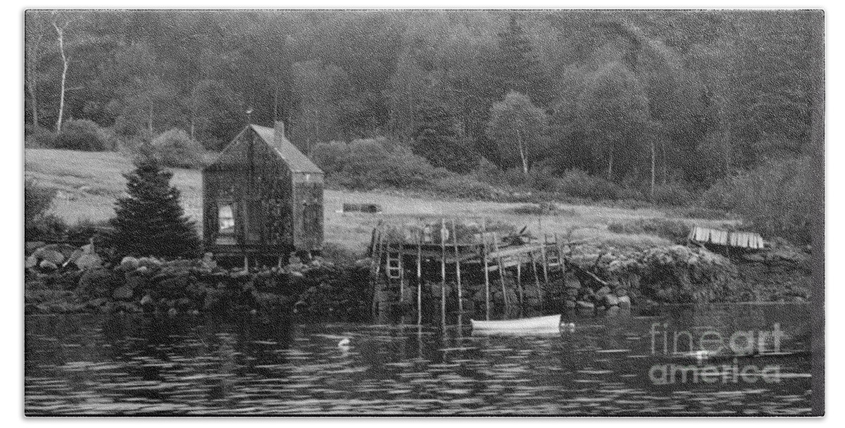 Shore Bath Sheet featuring the photograph Island Shoreline in black and white by Glenn Gordon