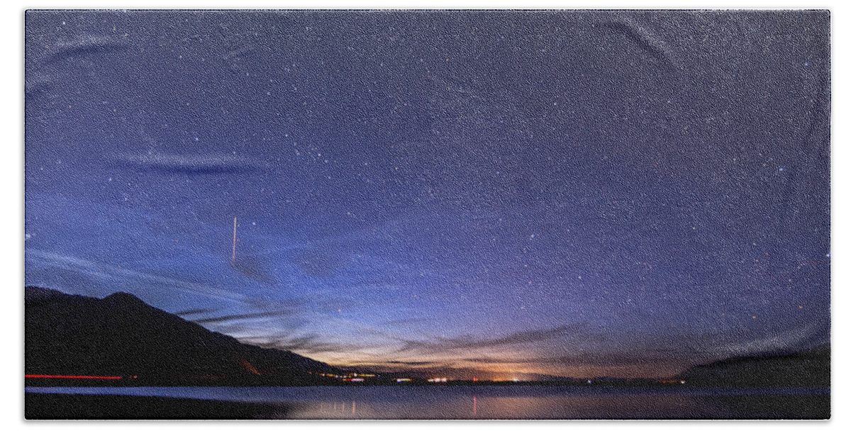 Night Bath Towel featuring the photograph ISS over Klondike Lake by Cat Connor