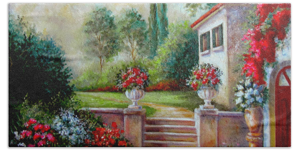 Fine Art Bath Towel featuring the painting Italyan Villa with garden by Regina Femrite