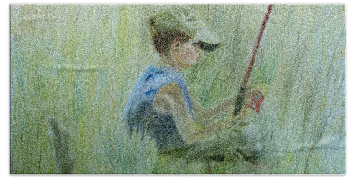 Boy Hand Towel featuring the painting Ivan and the Red Rod by Claudia Goodell