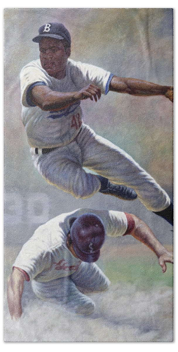 Sports Hand Towel featuring the painting Jackie Robinson by Gregory Perillo