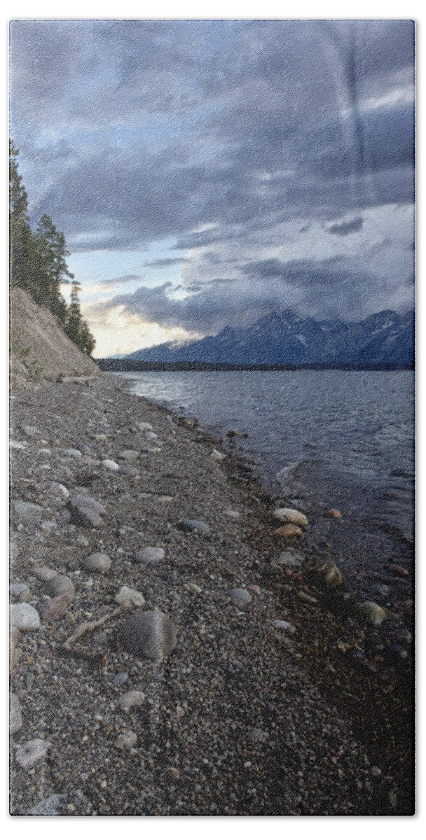 Lake Hand Towel featuring the photograph Jackson Lake Shore with Grand Tetons by Belinda Greb