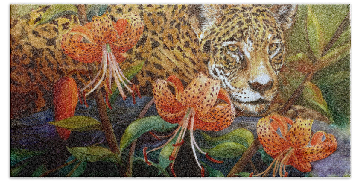 Jaguar Hand Towel featuring the painting Jaguar and Tigers by Karen Mattson