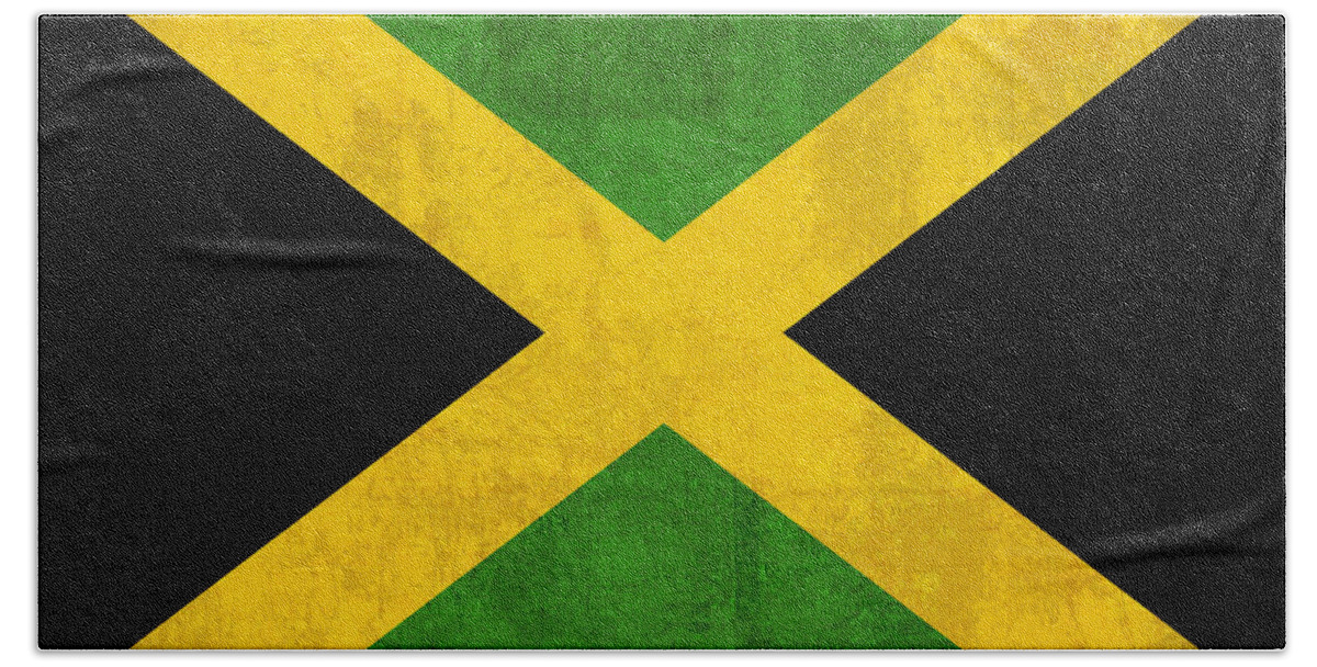 Jamaica Bath Towel featuring the mixed media Jamaica Flag Vintage Distressed Finish by Design Turnpike