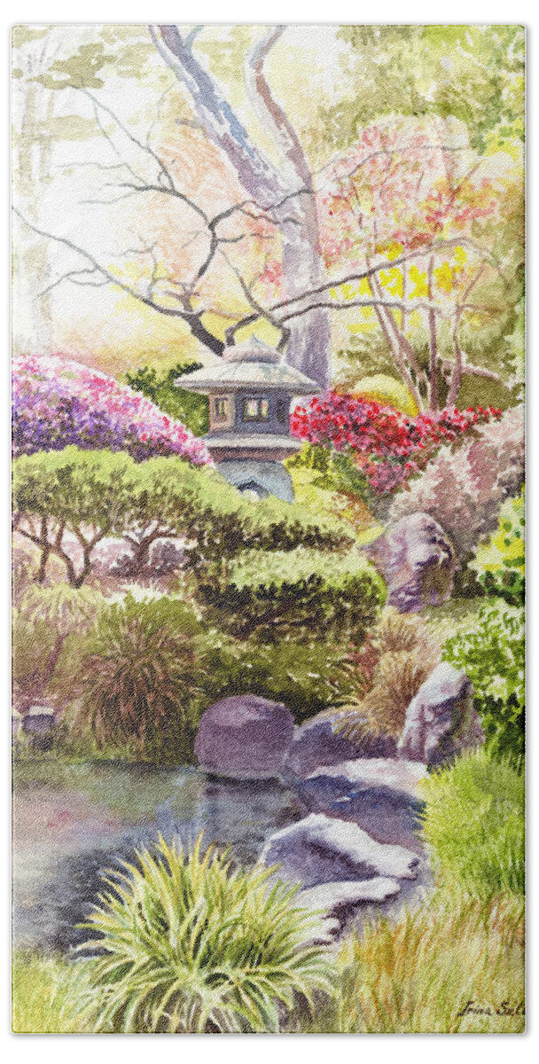 Landscape Bath Towel featuring the painting San Francisco Golden Gate Park Japanese Tea Garden by Irina Sztukowski