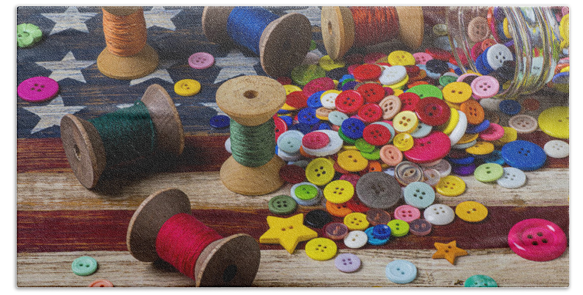 Spools Spool Bath Sheet featuring the photograph Jar of buttons and spools of thread by Garry Gay