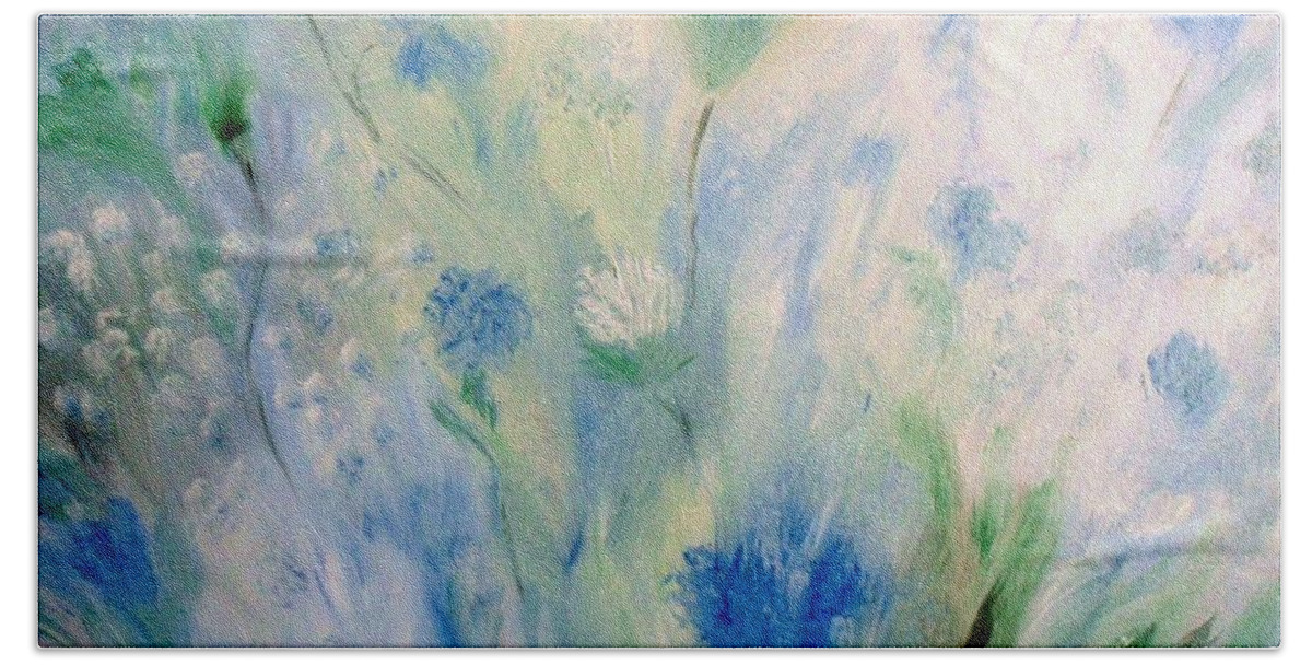Floral Hand Towel featuring the painting Jardin Bleu by Julie Brugh Riffey