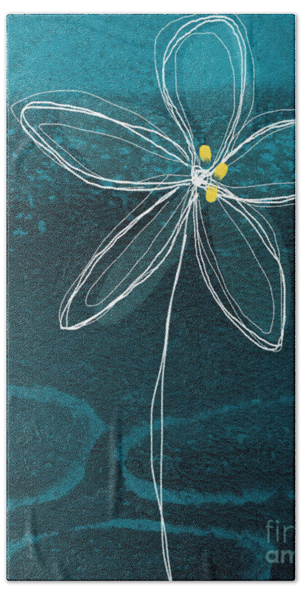 Abstract Flower Floral Botanic Garden Jasmineurban Painting Drawing Yellow White Blue Aqua Lines Circles Petals Bloom Blossom Office Lounge Studio Hotel Lobby Healthcare Hospitality living Room Bedroom Bold Hand Towel featuring the painting Jasmine Flower by Linda Woods