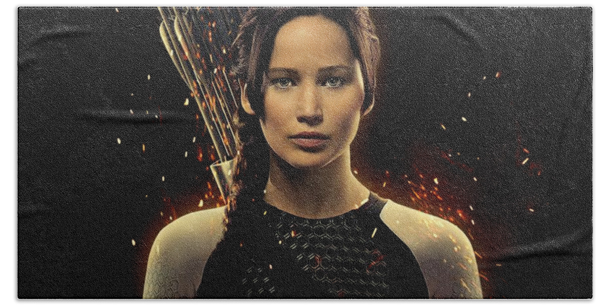 Jennifer Shrader Lawrence Bath Towel featuring the digital art Jennifer Lawrence as Katniss Everdeen by Movie Poster Prints