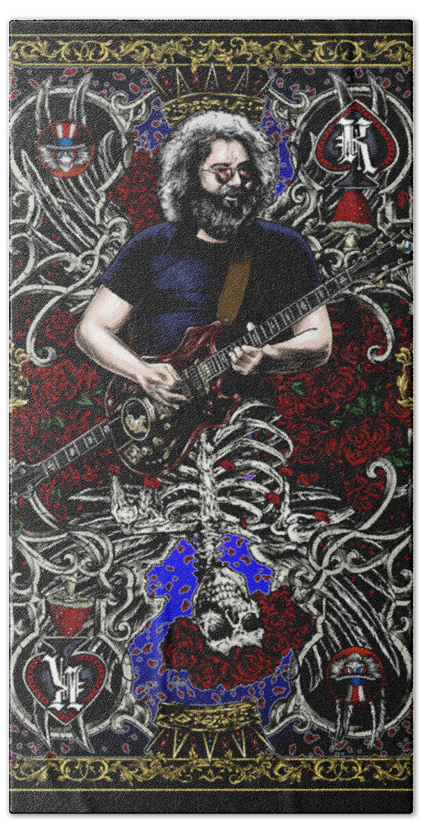 Jerry Garcia Hand Towel featuring the drawing Jerry Card by Gary Kroman