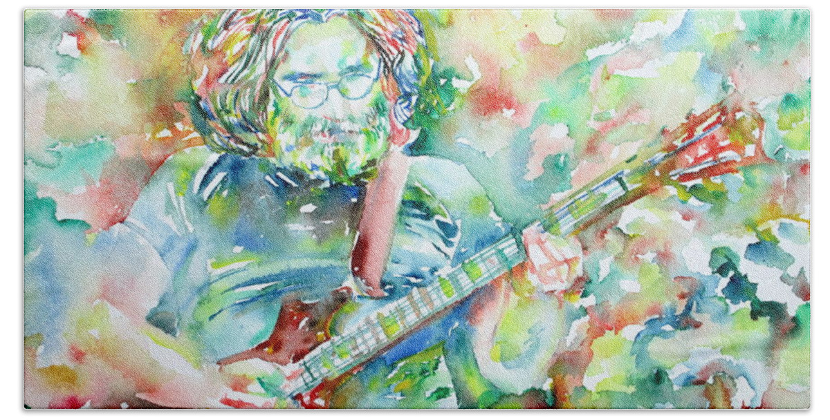Jerry Hand Towel featuring the painting JERRY GARCIA PLAYING the GUITAR watercolor portrait.3 by Fabrizio Cassetta