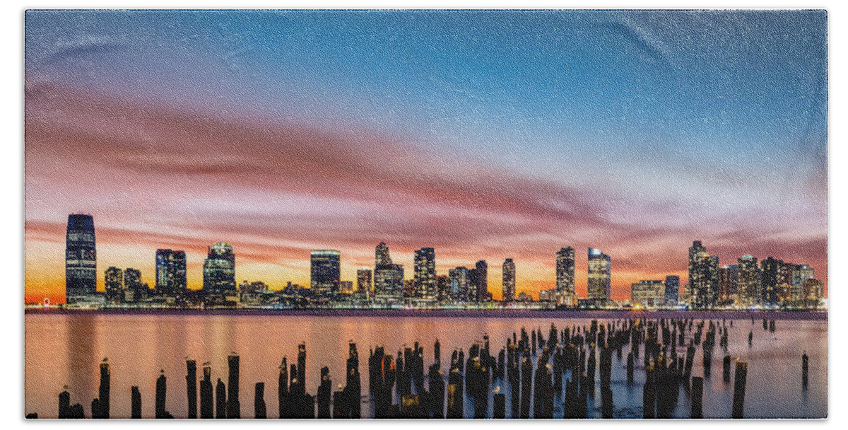 America Hand Towel featuring the photograph Jersey City skyline at sunset by Mihai Andritoiu