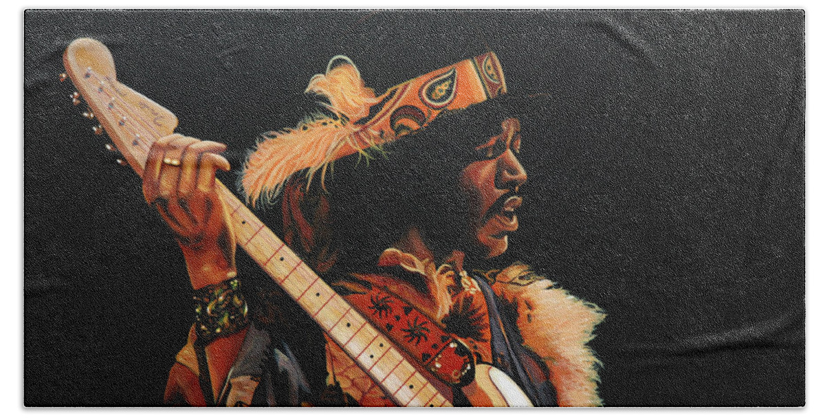Jimi Hendrix Hand Towel featuring the painting Jimi Hendrix 3 by Paul Meijering