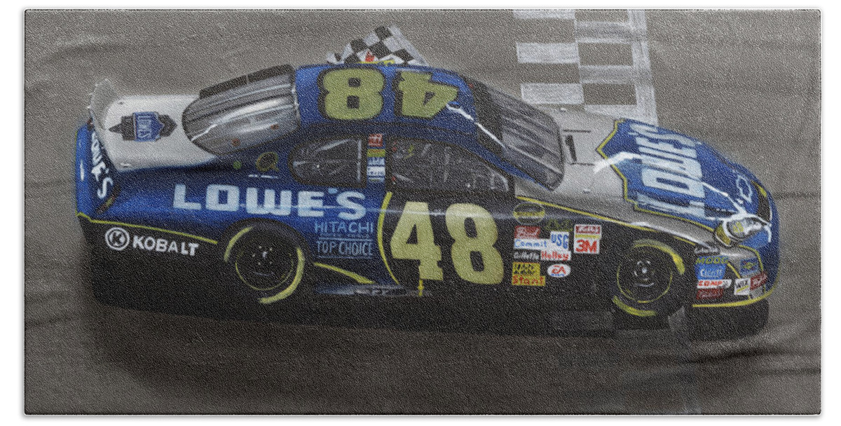 Car Hand Towel featuring the drawing Jimmie Johnson Wins by Paul Kuras
