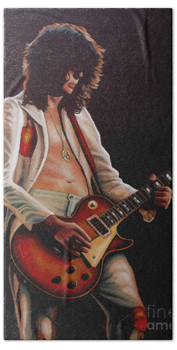 Jimmy Page Bath Towel featuring the painting Jimmy Page in Led Zeppelin Painting by Paul Meijering