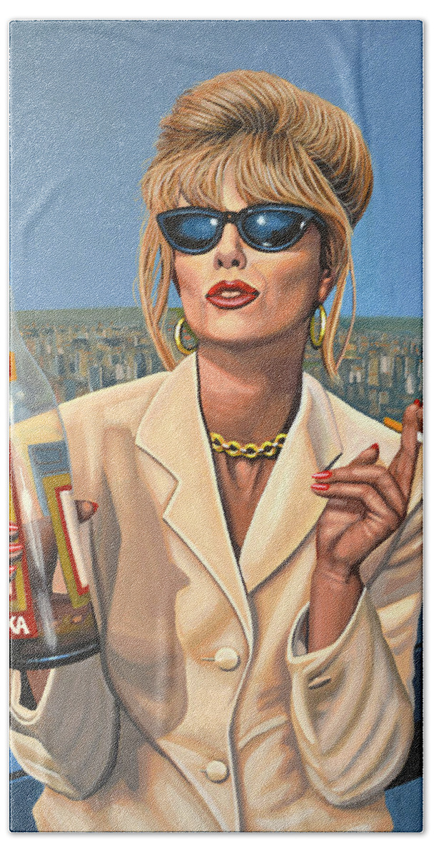 Joanna Lumley Hand Towel featuring the painting Joanna Lumley as Patsy Stone by Paul Meijering