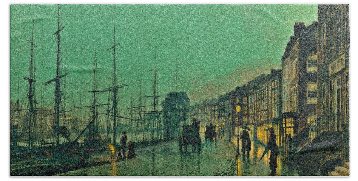 Shipping On The Clyde 1881 Bath Towel featuring the painting John Atkinson Grimshaw Shipping on the Clyde 1881 by Movie Poster Prints