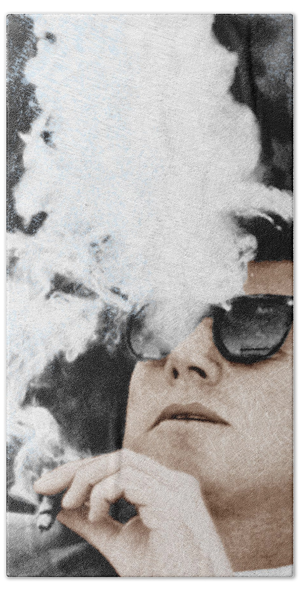 #faatoppicks Bath Towel featuring the painting John F Kennedy Cigar and Sunglasses by Tony Rubino