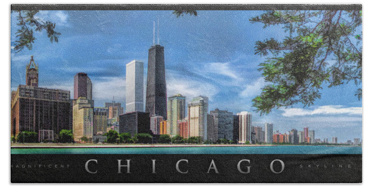 Chicago Bath Towel featuring the painting John Hancock Chicago Skyline Panorama Poster by Christopher Arndt