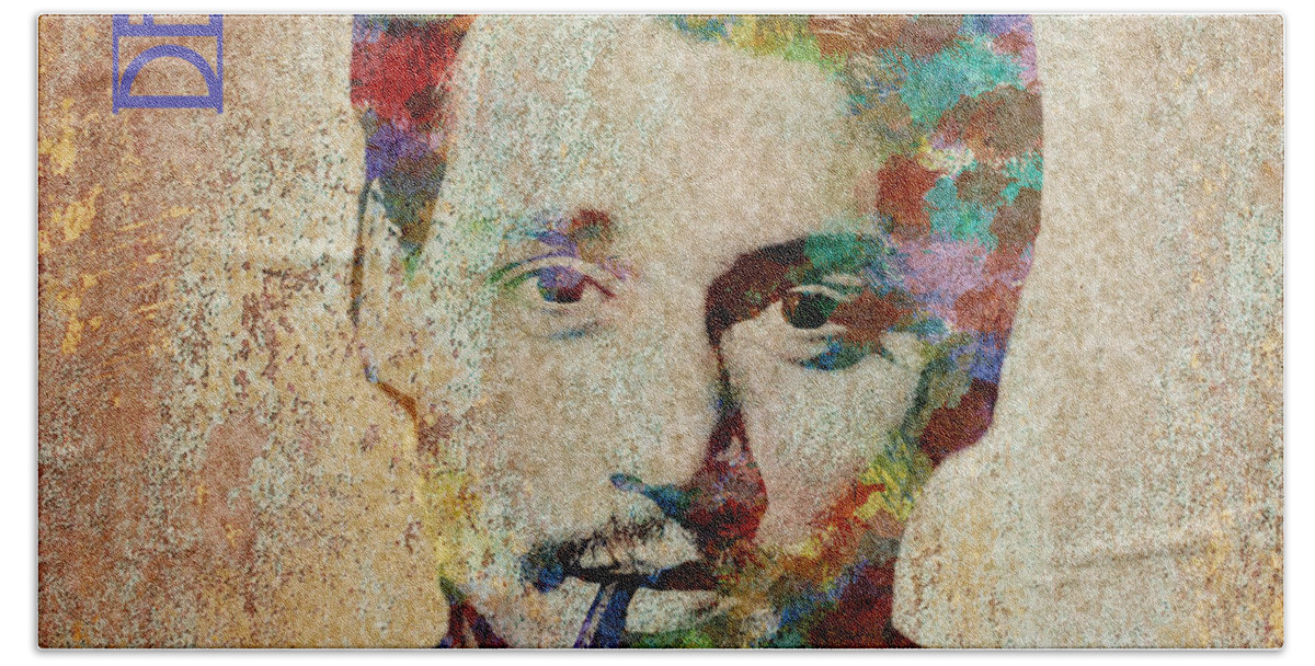 Feature Art Bath Towel featuring the digital art Johnny Depp watercolor splashes by Paulette B Wright