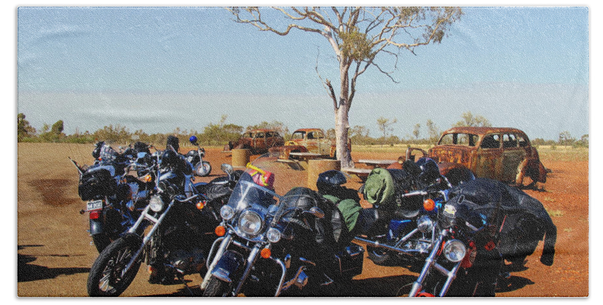 Harley Hand Towel featuring the photograph Journey to the Outback by Linda Lees