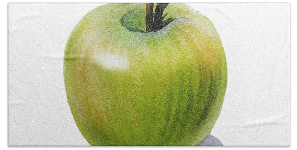 Apple Bath Towel featuring the painting Juicy Green Apple by Irina Sztukowski