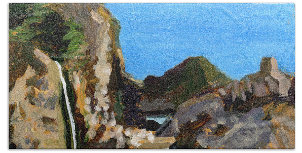 Ocean View Hand Towel featuring the painting Julia's Waterfall by Alice Leggett