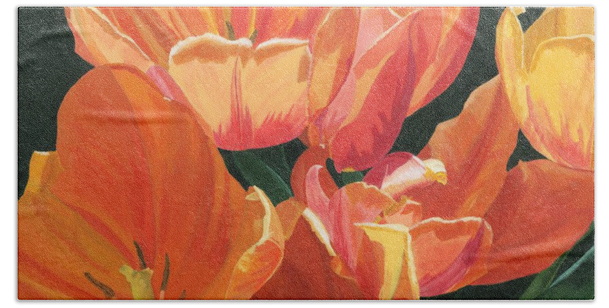 Tulips Bath Towel featuring the painting Julie's Tulips by Lynne Reichhart
