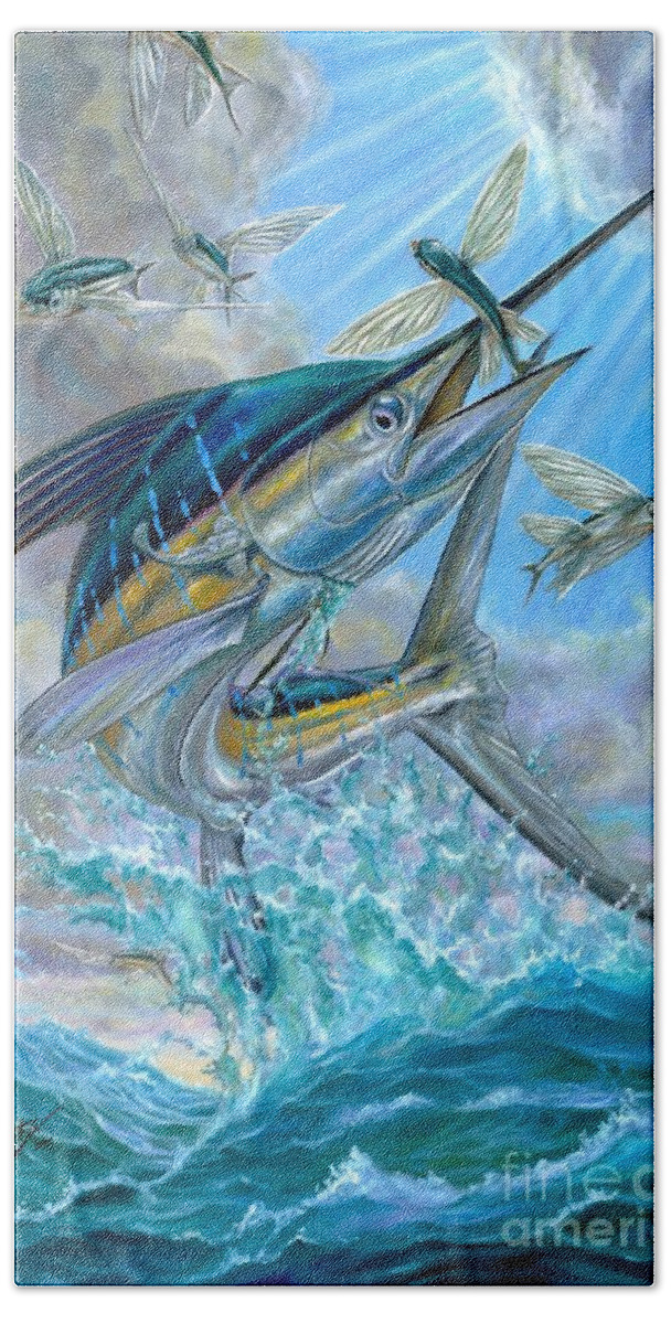 White Marlin Bath Towel featuring the painting Jumping White Marlin And Flying Fish by Terry Fox