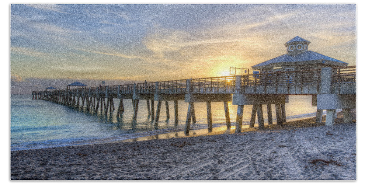 Clouds Bath Towel featuring the photograph Juno Beach Pier at Dawn by Debra and Dave Vanderlaan
