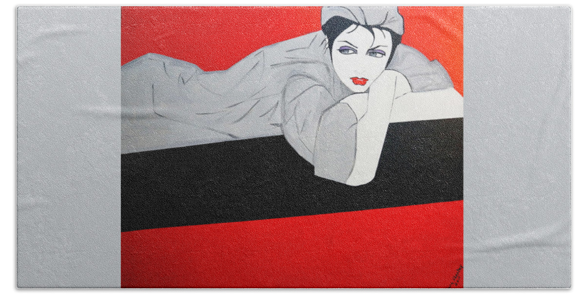 Art Deco Just Relaxing Bath Towel featuring the painting Just Relaxing by Nora Shepley