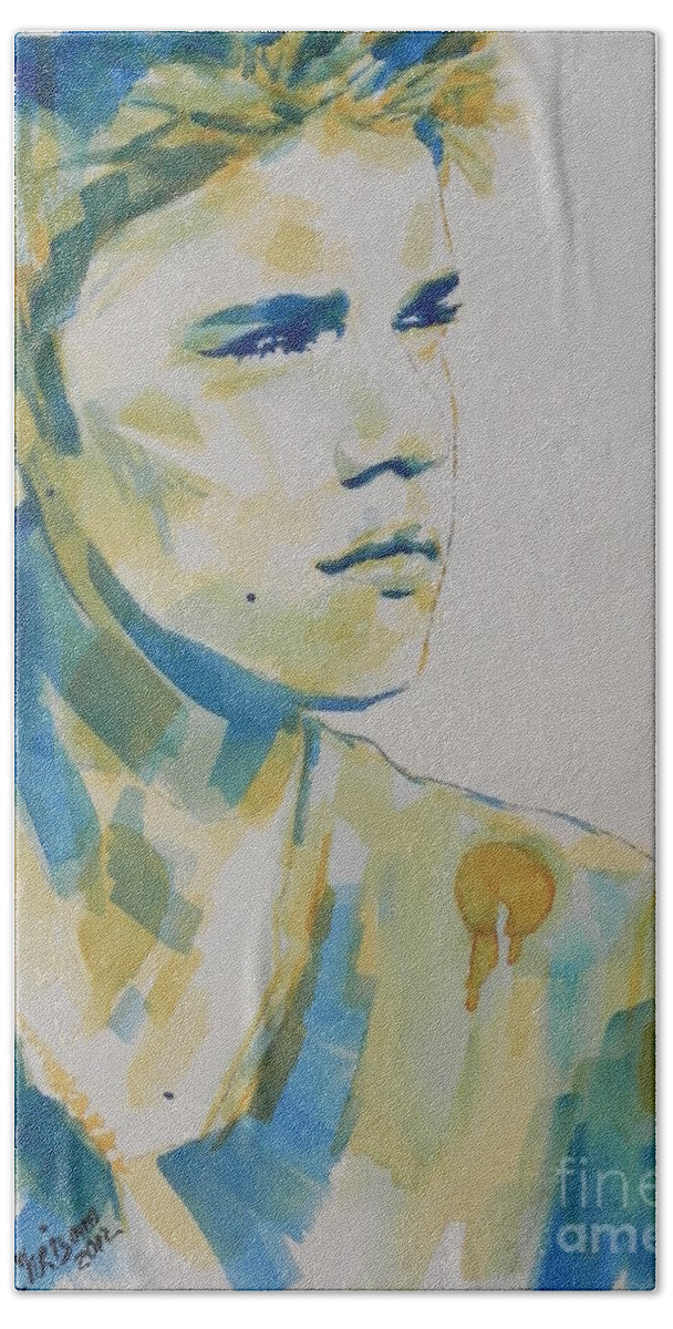 Watercolor Painting Hand Towel featuring the painting Justin Bieber by Chrisann Ellis