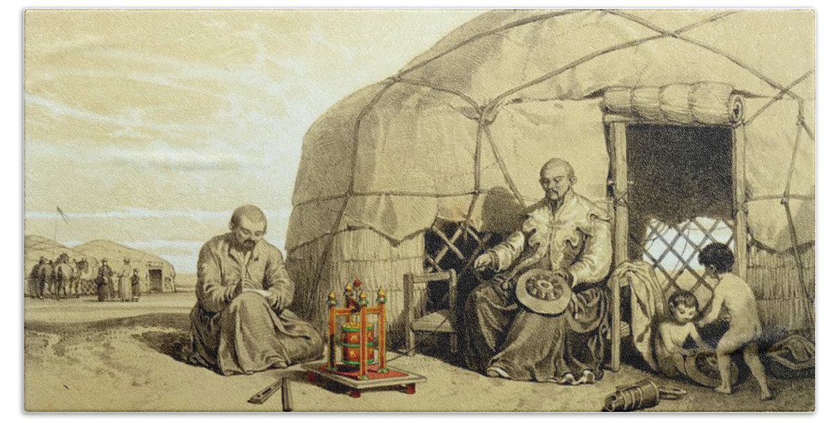 Kalmuk Bath Towel featuring the drawing Kalmuks With A Prayer Wheel, Siberia by Francois Fortune Antoine Ferogio